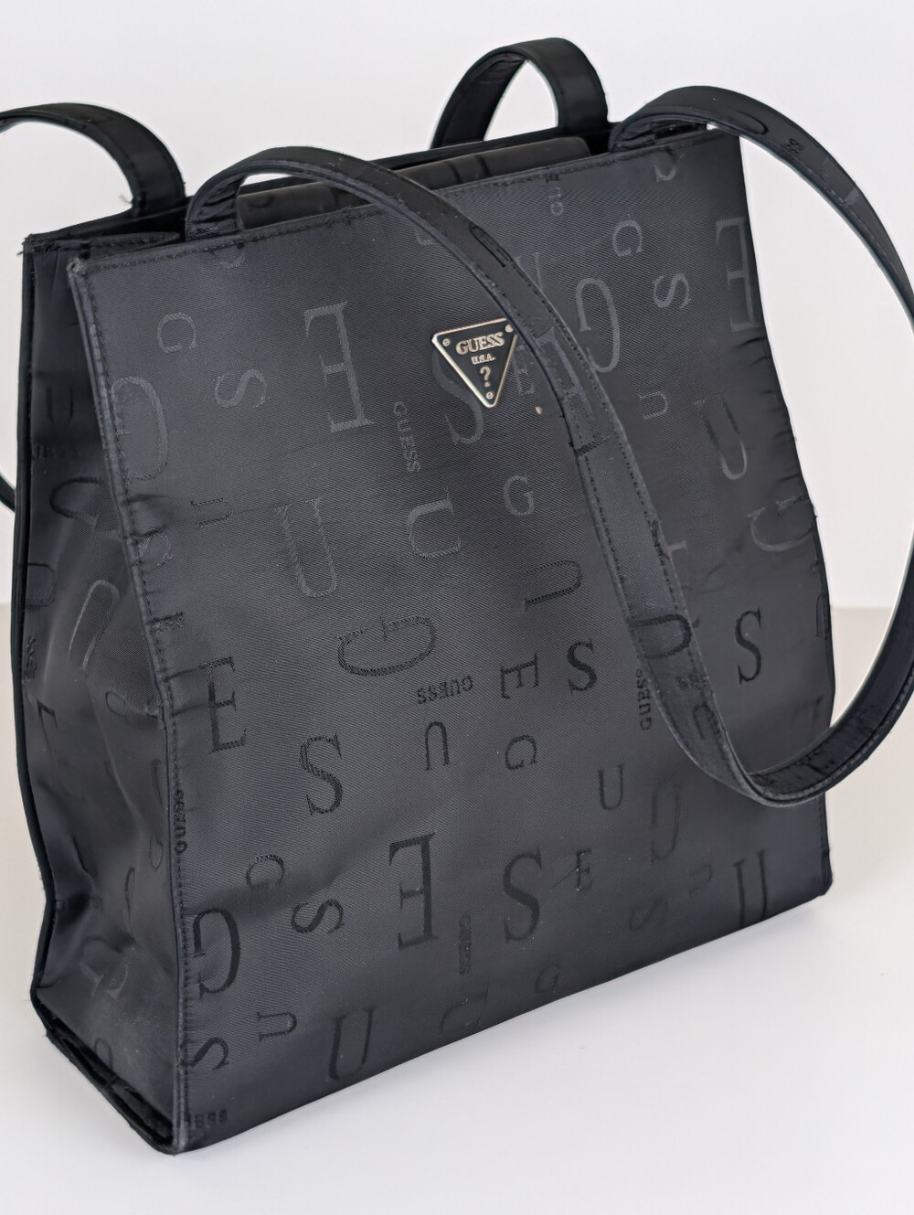 GUESS Black Monogram Nylon Tote Shoulder Bag Vintage Triangle Logo